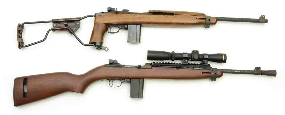 The new Inland M1A1 .30 Carbine (top), as compared to the M1 Jungle Carbine (bottom).